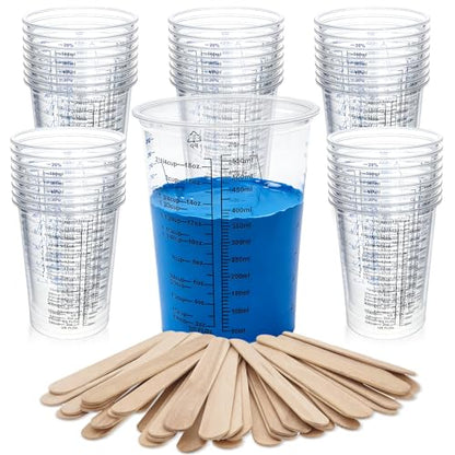 50 Pack Epoxy Mixing Cups 20 oz (600 ml) | Disposable Measuring Cups with 50 Wooden Stir Sticks, Measurement Ratios: 1:1, 2:1, 3:1, 4:1 for Resin, Liquid and Paint
