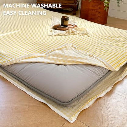 Yellow Gingham Japanese Floor Mattress Futon Cover, Queen - color: Yellow Gingham, size: Queen