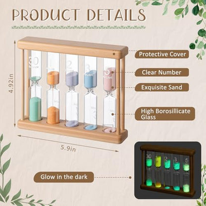 Halloscume 5 Pcs Glow in the Dark Sand Timer 0.5/1/2/3/5 Wooden Hourglass