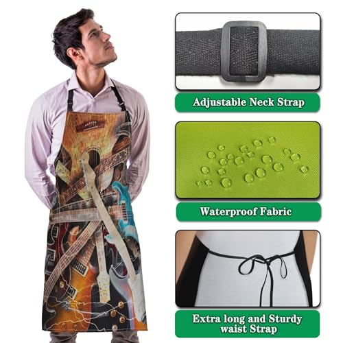Funny Aprons for Adults Women Guitar Surrounded with the Lightnings Women Apron for Kitchen Cooking Restaurant BBQ Painting Crafting Gardening 27” (W) x 31” (H), Waterproof Apron - color: Guitar