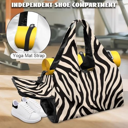 Zebra Print Gym Bag with Shoe Compartment Durable Yoga Bags with Double Zipper Sports Duffle Bags Waterproof, Retro Sports Duffle Bag for Cheer Team - color: Zebra Print
