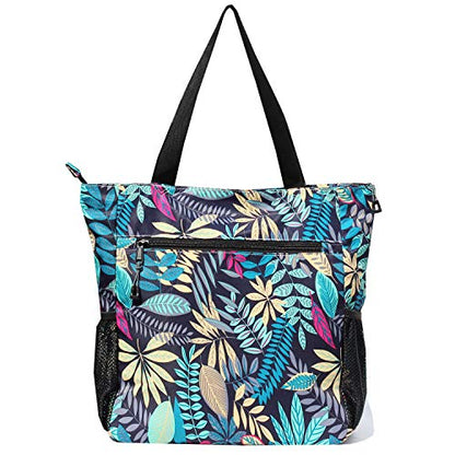 ESVAN Original Floral Water Resistant Large Tote Bag Shoulder Bag for Gym Beach Travel Daily Bags Upgraded - color: [V] Blue Leaf