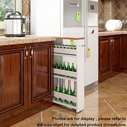 TEAMIX Slim Rolling Storage Cart, Wood 4-Tier Narrow Kitchen/Laundry Cart - color: White, size: 5-1/2'' W