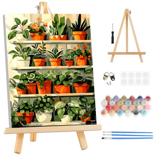 TOSTOG Indoor Plant Shelves Framed Canvas Paint by Numbers Art Kit for Adults and Kids, Beginner Acrylic Oil Painting Supplies with Wooden Frame for Home Wall Decor 20 * 30 cm/8 * 12 in - color: Indoor Plant Shelves