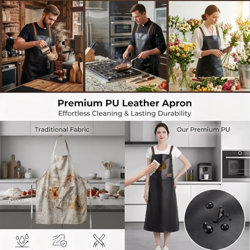 Waterproof Apron Large Pocket PU Material Waterproof Oil-proof Dust-proof Apron Black and Red - color: Black（long）