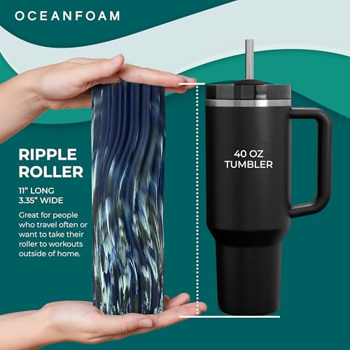 Oceanfoam Ripple Travel Foam Roller (11" x 3.35") Firm Mini Foam Roller for Physical Therapy, Deep Tissue Massage, Back Pain - High Density, Wave Textured - Yoga (Dark Navy, Hunter & Seafoam Marbled) - color: Dark Navy, Hunter & Seafoam Marbled