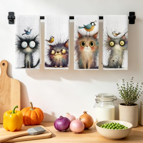 4 Pcs Funny Bird Cat Kitchen Towels, Cute Cats Gifts Reusable Hand Towels02 - color: Multi 1621