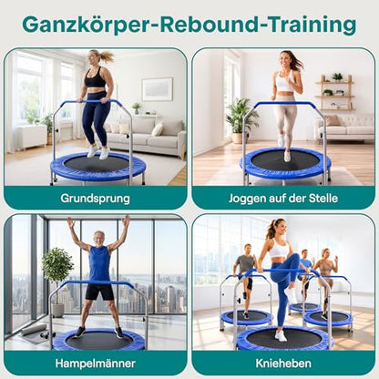 SereneLife 40" Foldable Mini Trampoline for Adults - Compact Fitness Rebounder with Adjustable Foam Handle, Exercise Trampoline with Max Load 330lbs, Indoor/Garden Whole-Body Workout - color: Deep Blue