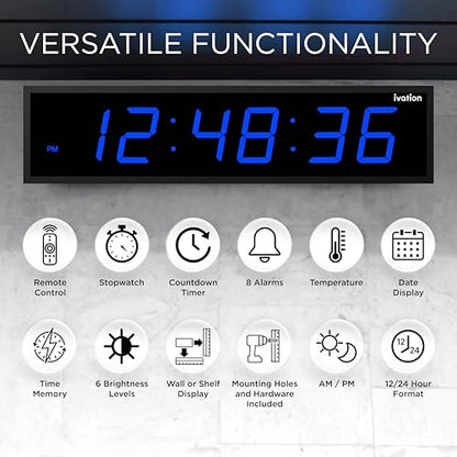 Ivation Oversized Digital Wall Clock with Large LED Display & Timer, 24" | Multi-function with Timer, Stopwatch, Alarms, Temp & Date, Aluminum frame, 6 Brightness levels, Time memory, Remote | Blue - color: Blue, size: 24" Inch