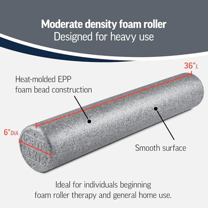 OPTP Silver AXIS Moderately Firm Foam Roller – Round, Silver, 36" x 6" | Moderate density for sports medicine, physical therapy, Pilates, yoga, trigger point myofascial release, Heat-molded EPP foam - size: 36" x 6" Round
