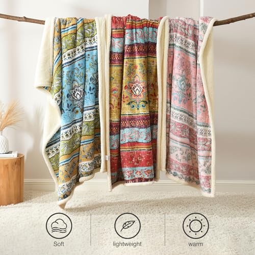 Boho Chic Sherpa Fleece Throw Blanket with Ultra-Soft Cozy Lining,Bohemian Patterned Throws for Sofa,Couch,Bed - color: Boho-olive Green, size: 60" x 80"