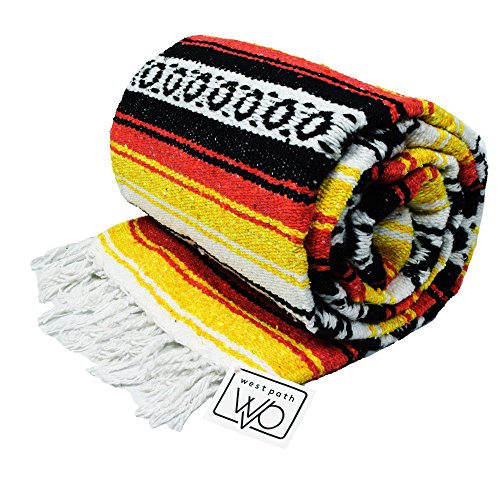 Open Road Goods Heavyweight Mexican Falsa Yoga Blanket, Extra Thick with Stripes - Great Beach, Picnic or Throw - Handmade (Sunflower) - color: Sunflower