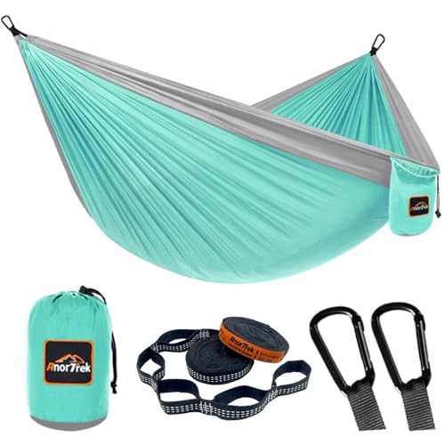 AnorTrek Camping Hammock, Super Lightweight Portable Parachute Hammock with Two Tree Straps Single or Double Nylon Travel Tree Hammocks for Camping Backpacking Hiking - color: Sea Green&light Grey, size: Single 110''L x 55''W