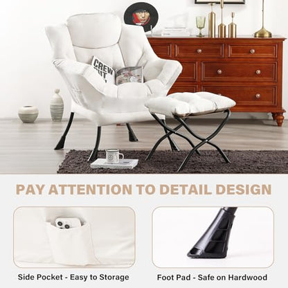 Tiita Lazy Chair with Ottoman, Comfy Reading Accent Chair, Beige | Foldable Footrest, Padded Seat and Backrest, Side Pocket for Lounging in Living Rooms, Bedrooms, Dorms and Small Spaces - color: Peach Skin Beige
