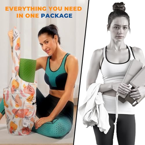 Yoga Mat Bag Carrier for Women Workout Large Waterproof with Zipper Pocket, Keychain and Wide Shoulder Straps - color: boho leaves