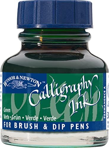 Winsor & Newton Calligraphy Ink, 30ml (1-oz) Bottle, Green | Lightfast Colors, Satin Finish, Thin Inks Suitable for fip-pens, brushes and airbrushes; Opaque Colors for dip-pen or brush - color: Green, size: 1 fl oz
