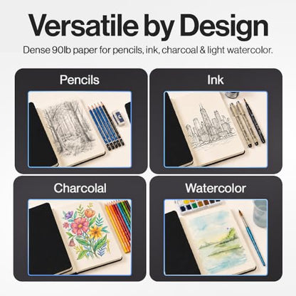 Leda Art Lay-Flat Sketchbook for Drawing, A5 Cream Paper, 160 Pages, Black | Artist sketchbook with smooth cream paper, thread-sewn lay-flat binding, elastic strap, accordion back pocket (5.8 x 8.3 in) - size: Medium Black