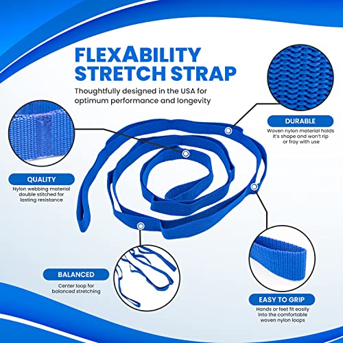 RangeMaster Stretch Strap with Exercise Guide│ Versatile Multi-Loop Strap Perfect for Yoga, Pilates, and Physical Therapy │ Portable │ Helps Improve Flexibility - color: Blue
