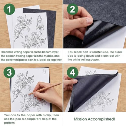 PSLER 200 Sheets Carbon Transfer Paper - Tracing Paper & 3 Embossing Stylus | Use with Carbon Paper, Dark Carbon Copy Paper for DIY Woodworking, Canvas, Art Crafts, Pattern Transfer & Drawing Surfaces - size: A4 (200 Sheet with 3PCS Embossing Stylus)