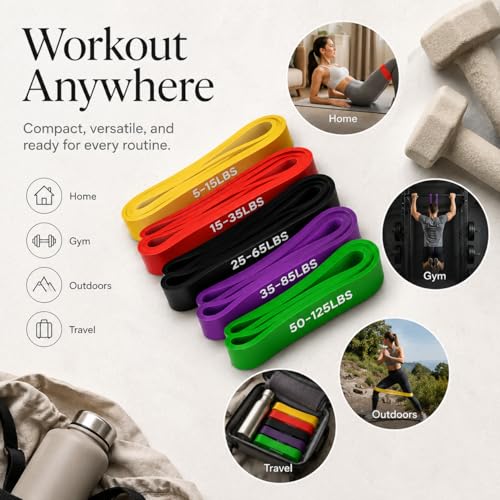 Pull Up Assistance Bands, Resistance Bands Set of 5 for Working Out, Pull Up Bands for Men & Women, Heavy Duty Exercise Bands for Strength Training, Stretching, Physical Therapy, Home Gym Workouts