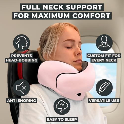 FlyHugz® Neck Travel Pillow Memory Foam Neck Pillow for Comfort on Airplane Compact and Ergonomic Design for Travel, Car Rides, and Home Use Ideal for Adults and Kids. (Pink) - color: Pink