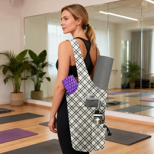 Yoga Bag for Women, Large Yoga Mat Bag Tote Carrier with Wet Dry Pocket - color: Grid Texture
