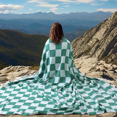 Genovega Extra Large Turkish Beach Towel Picnic Camping Mat Throw Blanket Oversized Quick Dry Lightweight Absorbent Hiking Essentials Pool Accessories Gym Gift Yoga Must Haves Travel Gadgets Stuff - color: Checked Green, size: Extra Large 50'' x 70''