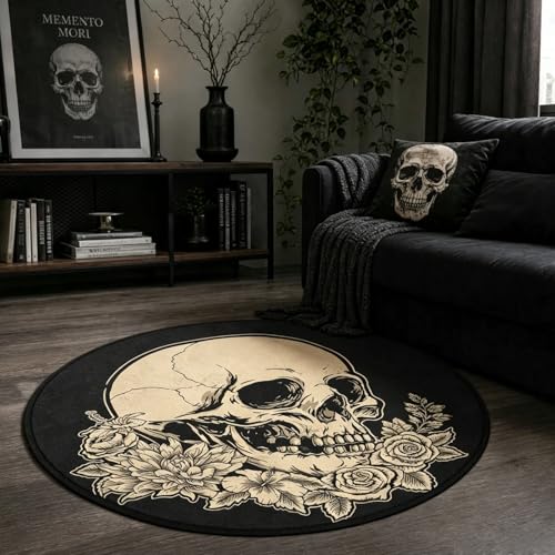 keepcute Skull Flower Area Rug 6ft, Washable Non-Slip - color: Skull Rose Flower, size: 6' (Round)