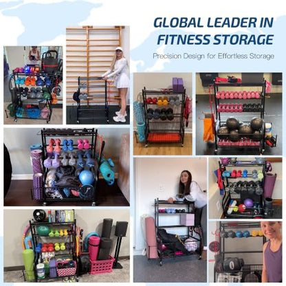 PLKOW Dumbbell Rack, Weight Rack for Dumbbells, Home Gym Storage for Dumbbells Kettlebells Yoga Mat and Balls, All in One Workout Storage with Wheels and Hooks, Powder Coated Finish Steel