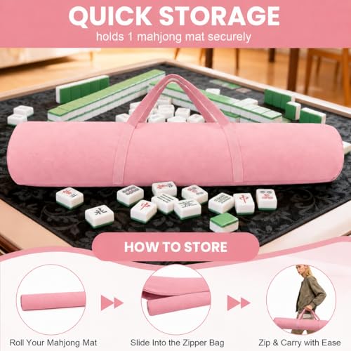 34-Inch Mahjong Mat Bag, Heavy-Duty Canvas Carrying Bag with Center Dual Handles & Smooth Zipper, Fits Mahjong Mat, Racks & Tiles, All-in-One Travel Storage Bag - color: Pink