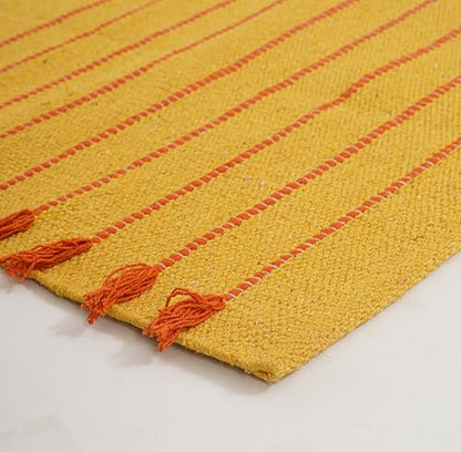 Indian Handmade 100% Organic Cotton Yoga Mat, Hand Woven Rug, Yoga Mat For Everyday Fitness at Home Comfortable Foldable Long Mat - color: Yellow