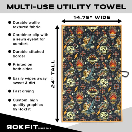 RokFit Gym & Golf Towel – Multi-Use, Quick-Dry, Durable Utility Towel with Bold Graphic and Carabiner Clip (Tattoo Flash Pattern) - color: Tattoo Flash Pattern