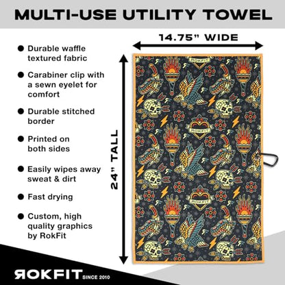 RokFit Gym & Golf Towel – Multi-Use, Quick-Dry, Durable Utility Towel with Bold Graphic and Carabiner Clip (Tattoo Flash Pattern) - color: Tattoo Flash Pattern