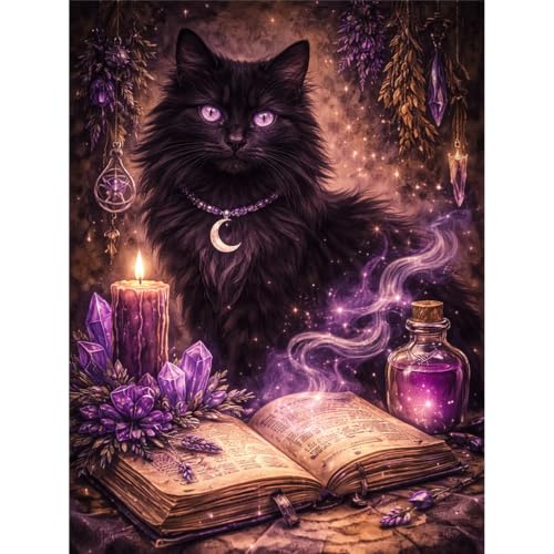 Diamond Art Kits for Adults,Magic Cat Diamond Painting Kits 12X16 Inch | 5D Diamond Art Paintings for Beginners,Round Full Drill Diamond Dot Tools Kit,Extra Diamonds,Stress Relief Craft,DIY Gift - color: Magic Cat-2605