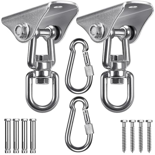 SELEWARE Swing Hangers Heavy Duty Ceiling Swing Mount with Carabiners 2 Pcs | Stainless Steel Swing Hooks 360° Swivel Swing Hardware for Porch Swing Hammock Chair Heavy Bag Yoga Silk 1000 LB Capacity - color: Silver-360° Swing Hanger With Carabiners (2 Pa