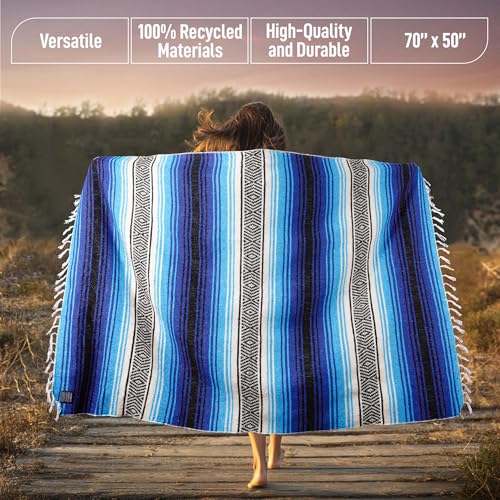 Authentic Extra Large Mexican Blanket - Handwoven Yoga, Serape, Artisanal Falsa, Beach, Camping, Picnic, Outdoor Blanket (King Turquoise) - color: Blue Turquoise