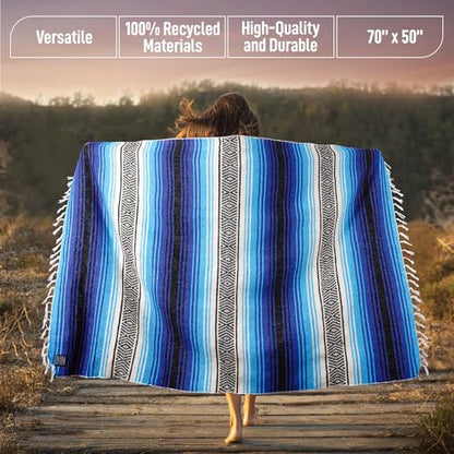Authentic Extra Large Mexican Blanket - Handwoven Yoga, Serape, Artisanal Falsa, Beach, Camping, Picnic, Outdoor Blanket (King Turquoise) - color: Blue Turquoise