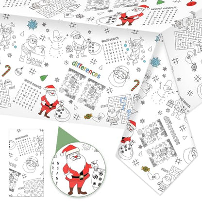 Whaline Christmas Coloring Tablecloth 54 x 108 Inch 6 Games Xmas Santa Claus Themed Color-in Paper Disposable Table Cover for Winter Holiday Birthday Party Supplies Set