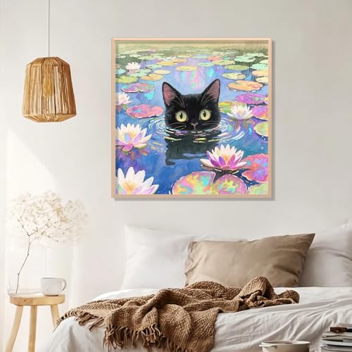 Black Cat Diamond Art Kits for Adults Beginners 14x14 IN, DIY Craft Gift | Cat with Water Lilies Diamond Painting Kits for Adults, Stress Relief, Home Wall Decor, 5D Full Round Drill Gem Art - color: DP-US10
