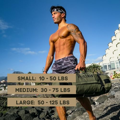 Polyfit Classic Sandbag - Workout Sandbag with 8 Gripping Handles | For working out and weight training, 3 sizes with adjustable filler bags, 8 foam handles, sand not included - color: BLACK, size: Large (50-125lbs)