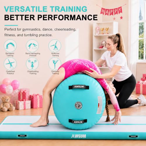 AWSUM Inflatable Gymnastics Mat with Air Roller Barrel Tumbling Equipment - color: Mint Green/Black+Green Roller, size: 13ft*3.3ft*4in &(L)40in*Diam23.6in
