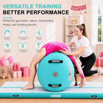 AWSUM Inflatable Gymnastics Mat with Air Roller Barrel Tumbling Equipment - color: Mint Green/Black+Green Roller, size: 13ft*3.3ft*4in &(L)40in*Diam23.6in