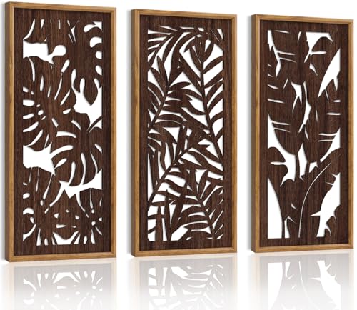 HPNIUB 3PCS Tropical Wall Decor, Rustic Palm Leaf Wooden Sign for Bathroom, Vintage Leaf Plant Hanging Wood Plaque Wall Art Nature Picture for Home Office Living Room Decoration(8x16Inch) - color: Tropical Leaf Wooden Wall Art
