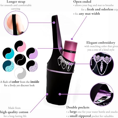 Yoga Mat Bag & Carrier with Pockets for Women - color: Black & Lavender Purple