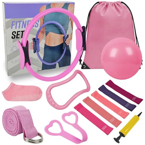 Uluck 13 PCS Pilates Kit for Women,Pilates Kit for Home Workouts, Pilates Equipment Ring and Ball Set, Home Pilates Workout Kit, Pilates Starter Kit for Women at Gym Studio Travel - color: Pink