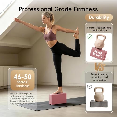 High Density EVA Yoga Blocks 2 Pack, 280g Pro-Level Exercise Brick (46-50 Shore C Firmness), Odor-Free & Non-Slip Foam Props for Yoga, Pilates & Stretching - color: pink