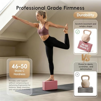 High Density EVA Yoga Blocks 2 Pack, 280g Pro-Level Exercise Brick (46-50 Shore C Firmness), Odor-Free & Non-Slip Foam Props for Yoga, Pilates & Stretching - color: pink