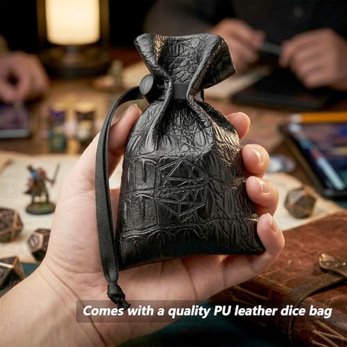 Haxtec Metal DND Dice Set, 7 Pcs Black Polyhedral Dice for Table Games | Gold Number D&D with Leather Bag, Compatible with Dungeons and Dragons, Enamel Heavy Metallic, RPG Gifts for DND Lovers - color: Gold Black