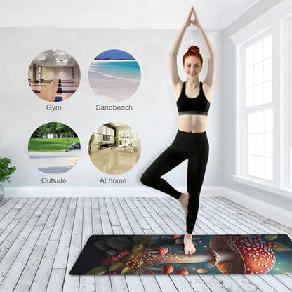 Large Red Mushroom Yoga Mat, 71” x 26” Non-Slip Sports Yoga Mat with Storage Bag, for Indoor and Outdoor Fitness Exercise, Pilates