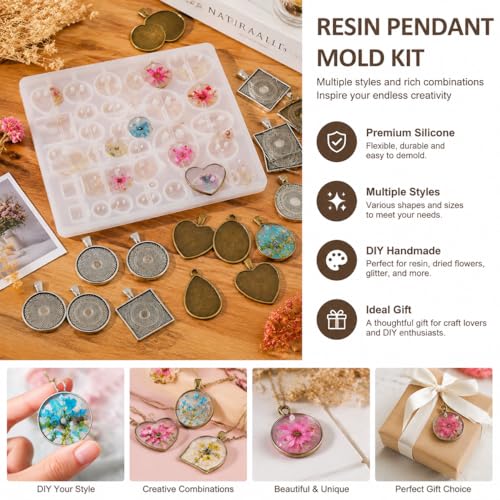 Resin Casting Mold Jewelry Making Kit with 30 Metal Pendant Trays and Silicone Mold, Heart Teardrop Round Oval Square Shapes for DIY Earrings Necklaces Bracelets Crafts Gifts